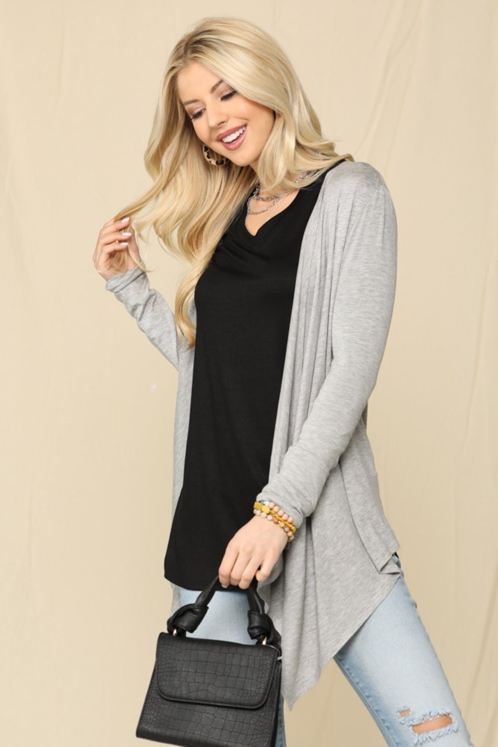 CELESTE - Open Front Knit Cardigan in Grey