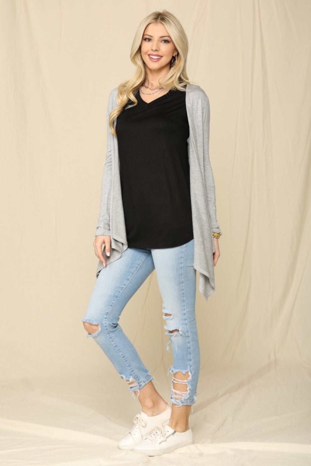 CELESTE - Open Front Knit Cardigan in Grey