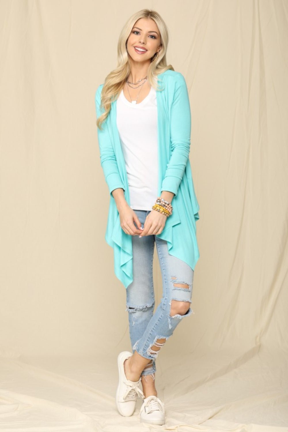 CELESTE - Open Front Knit Cardigan in Mint