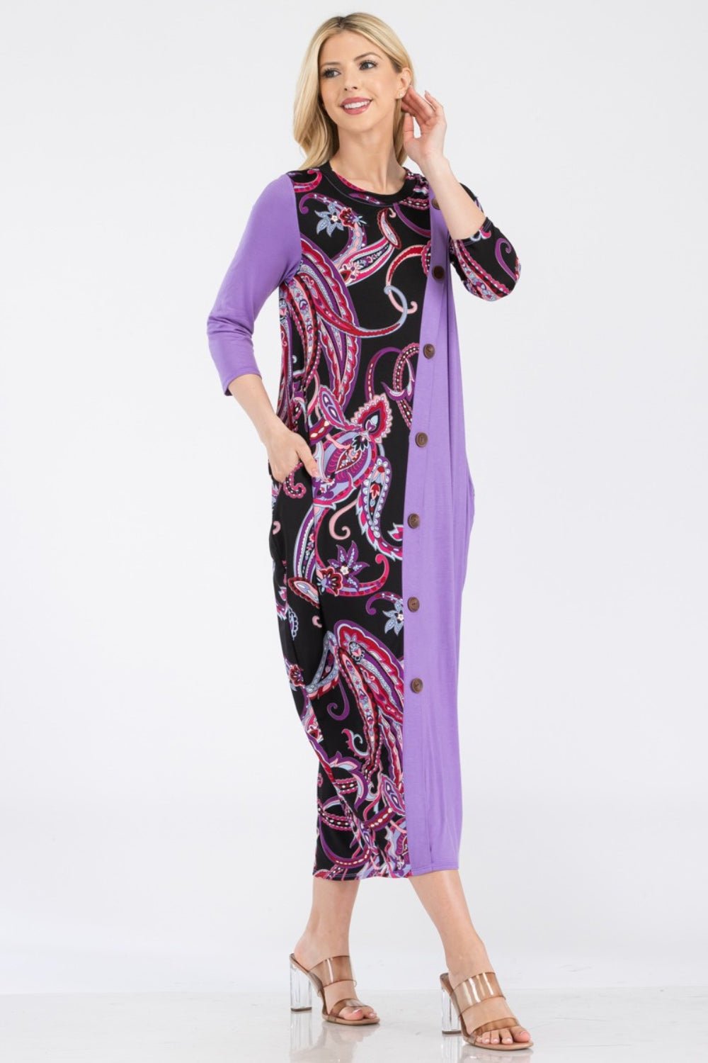 CELESTE - Paisley Contrast Midi Dress with Pockets in Lilac