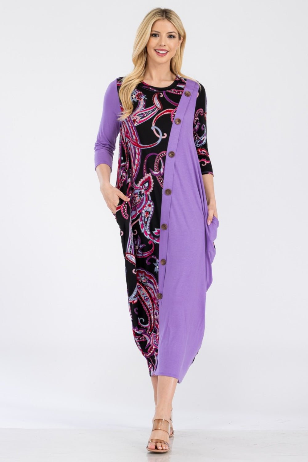 CELESTE - Paisley Contrast Midi Dress with Pockets in Lilac