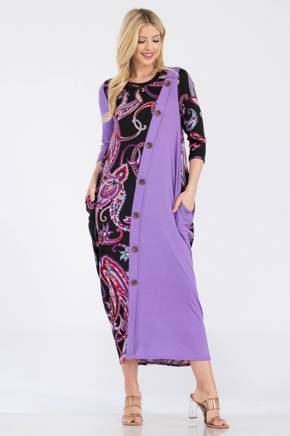 CELESTE - Paisley Contrast Midi Dress with Pockets in Lilac