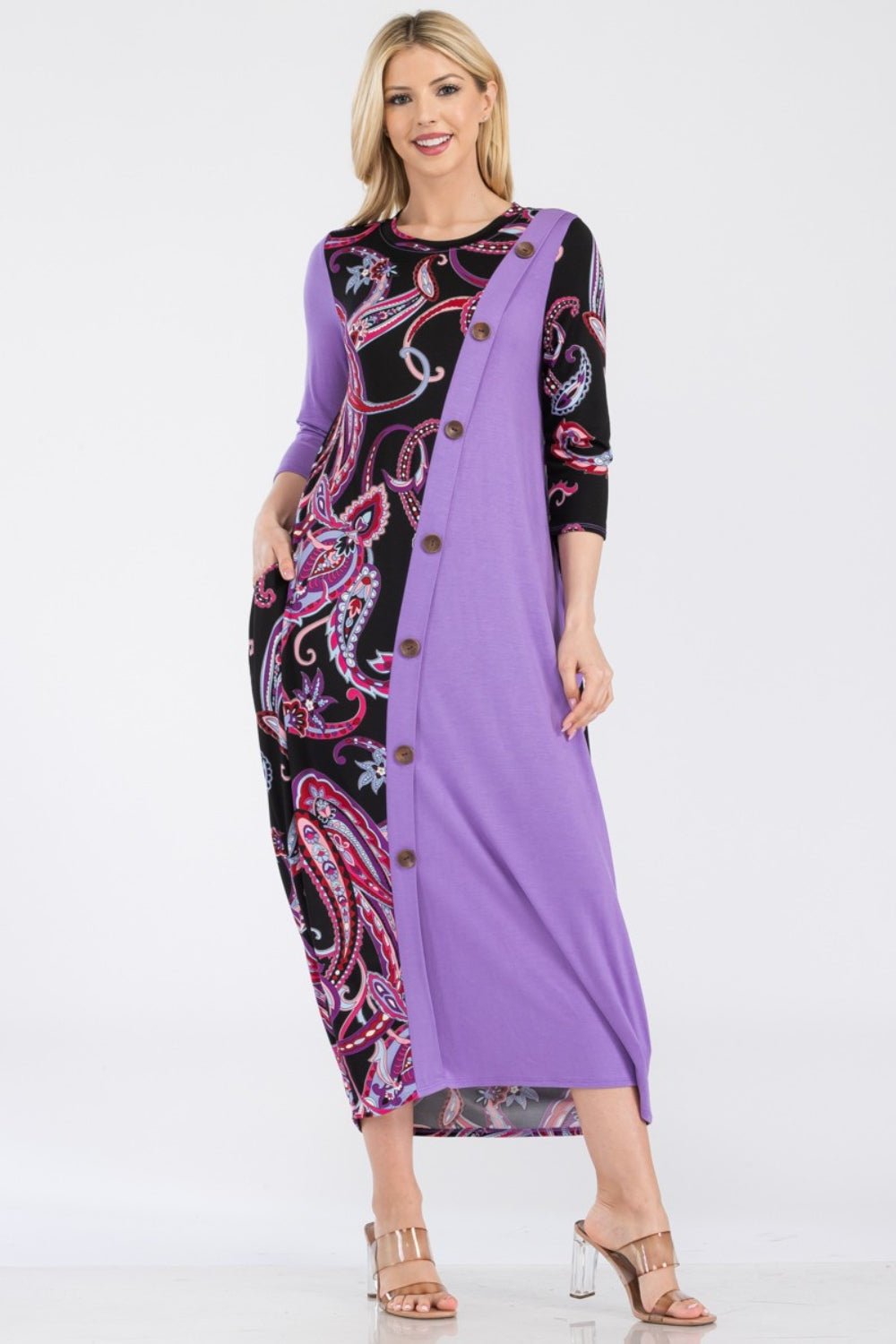 CELESTE - Paisley Contrast Midi Dress with Pockets in Lilac