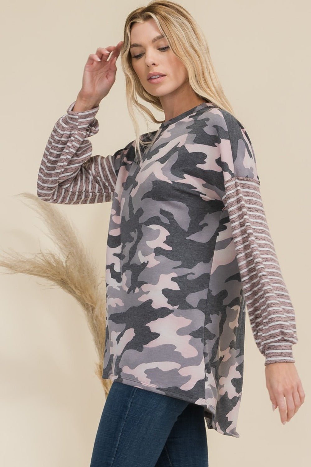 CELESTE - Pink Camo Print High - Low Hem Long Sleeve T-Shirt