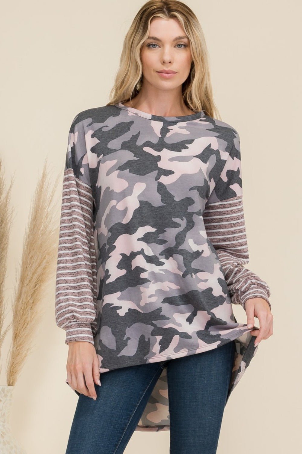 CELESTE - Pink Camo Print High - Low Hem Long Sleeve T-Shirt