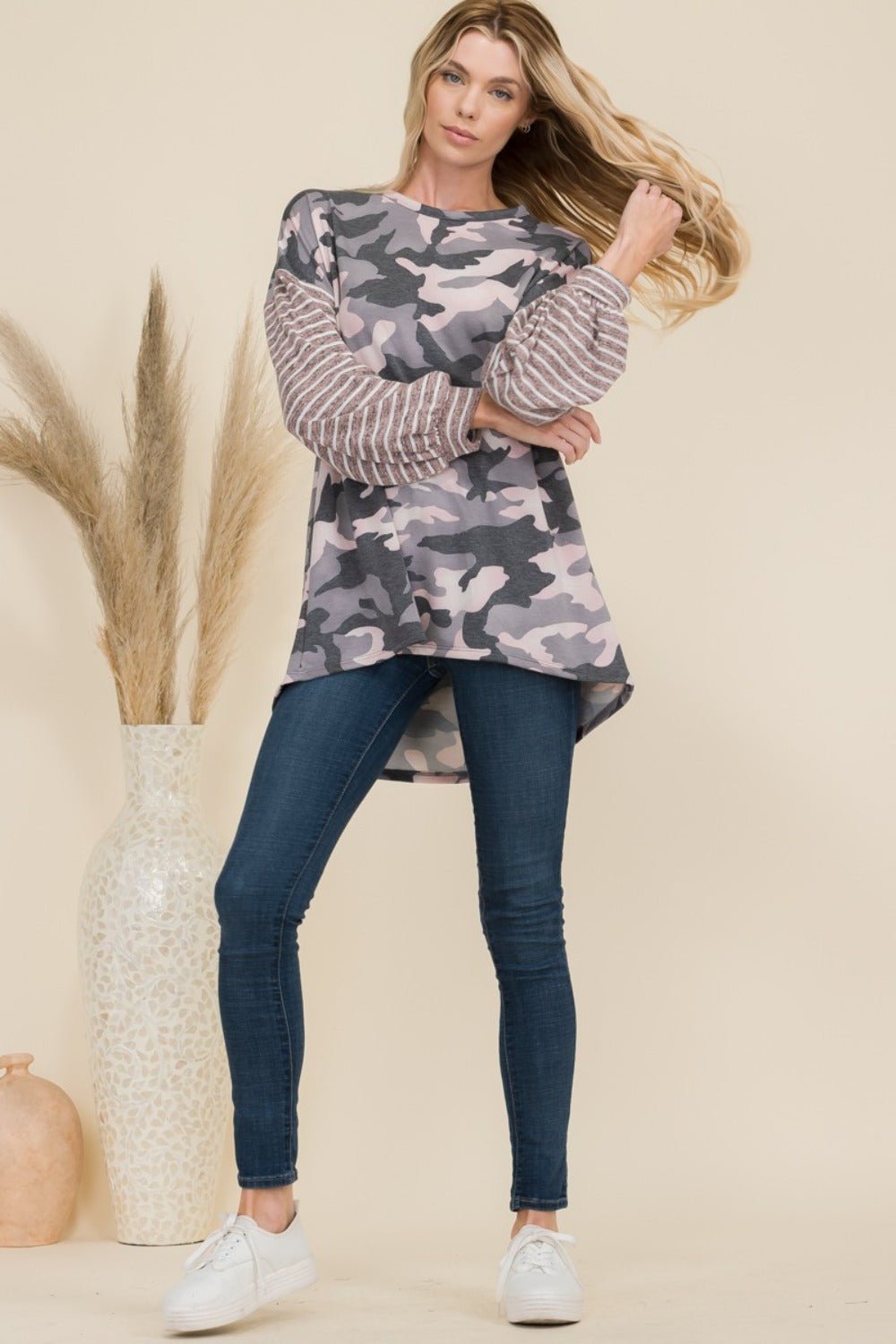 CELESTE - Pink Camo Print High - Low Hem Long Sleeve T-Shirt