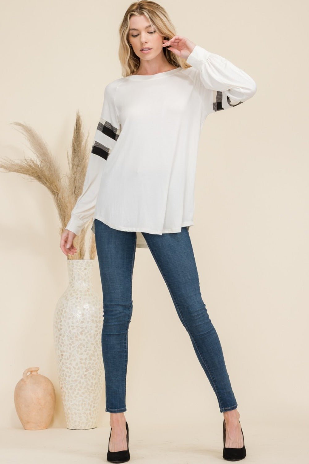 CELESTE - Plaid Detail Long Sleeve T-Shirt in Ivory