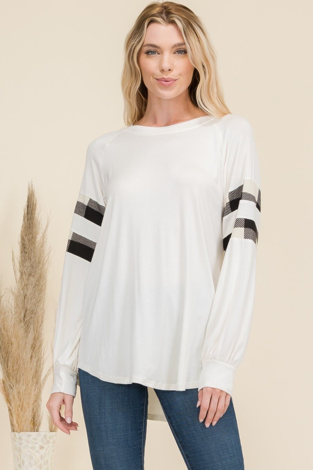 CELESTE - Plaid Detail Long Sleeve T-Shirt in Ivory