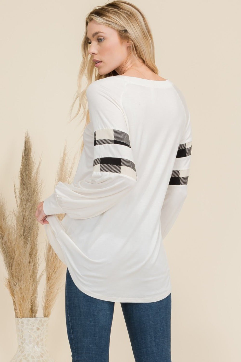 CELESTE - Plaid Detail Long Sleeve T-Shirt in Ivory