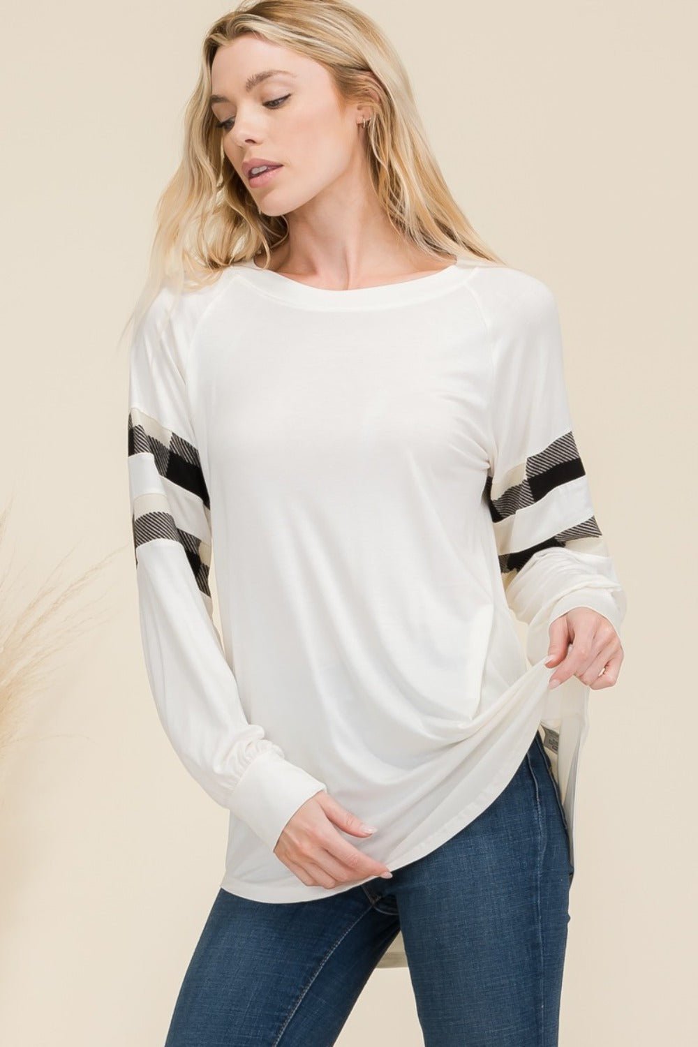 CELESTE - Plaid Detail Long Sleeve T-Shirt in Ivory