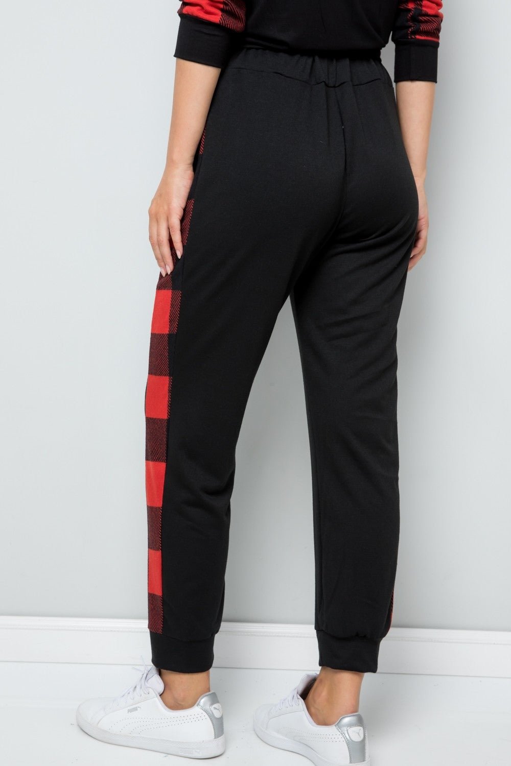 CELESTE - Plaid Stripe Elastic Waist Sweatpants in Red Black