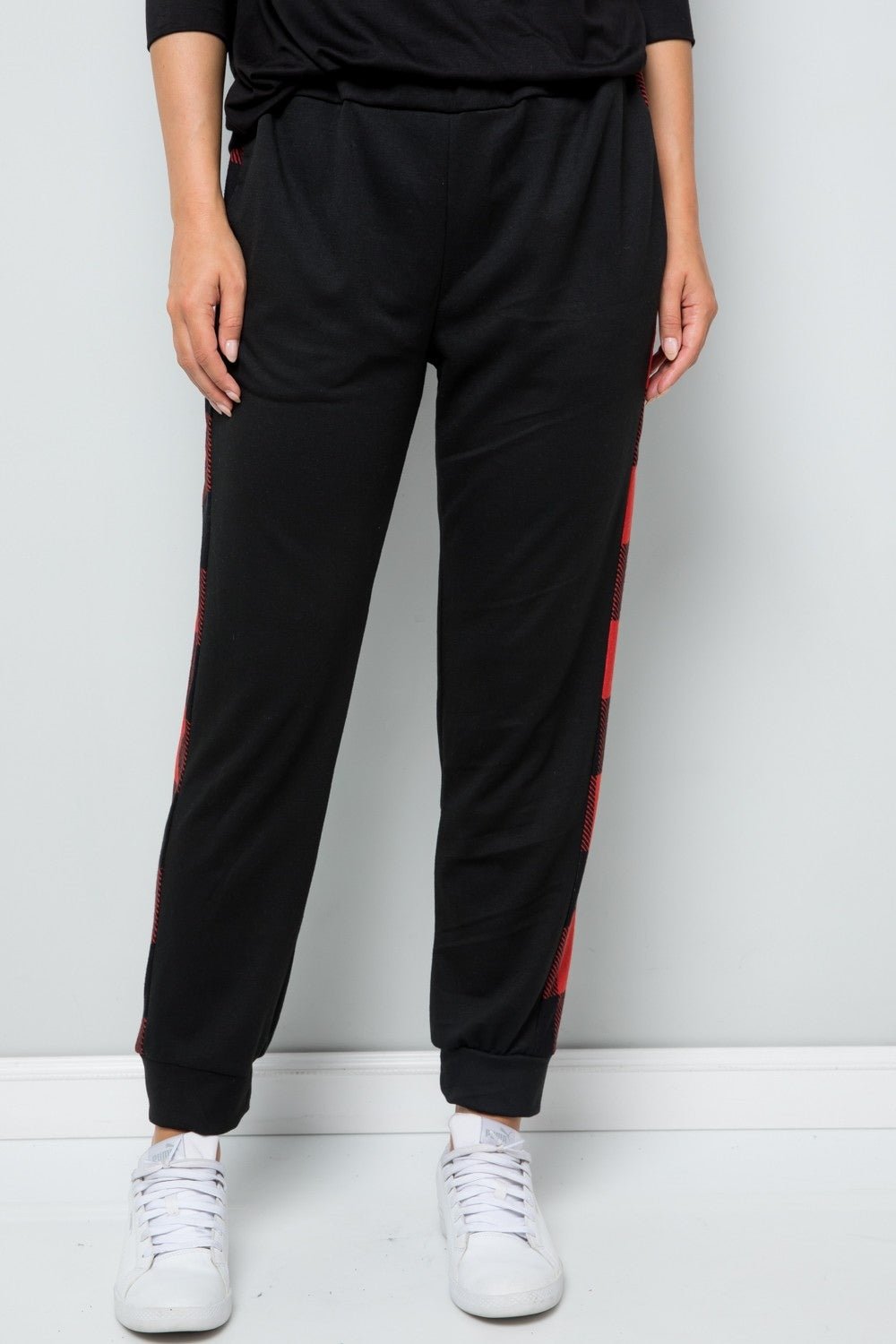 CELESTE - Plaid Stripe Elastic Waist Sweatpants in Red Black