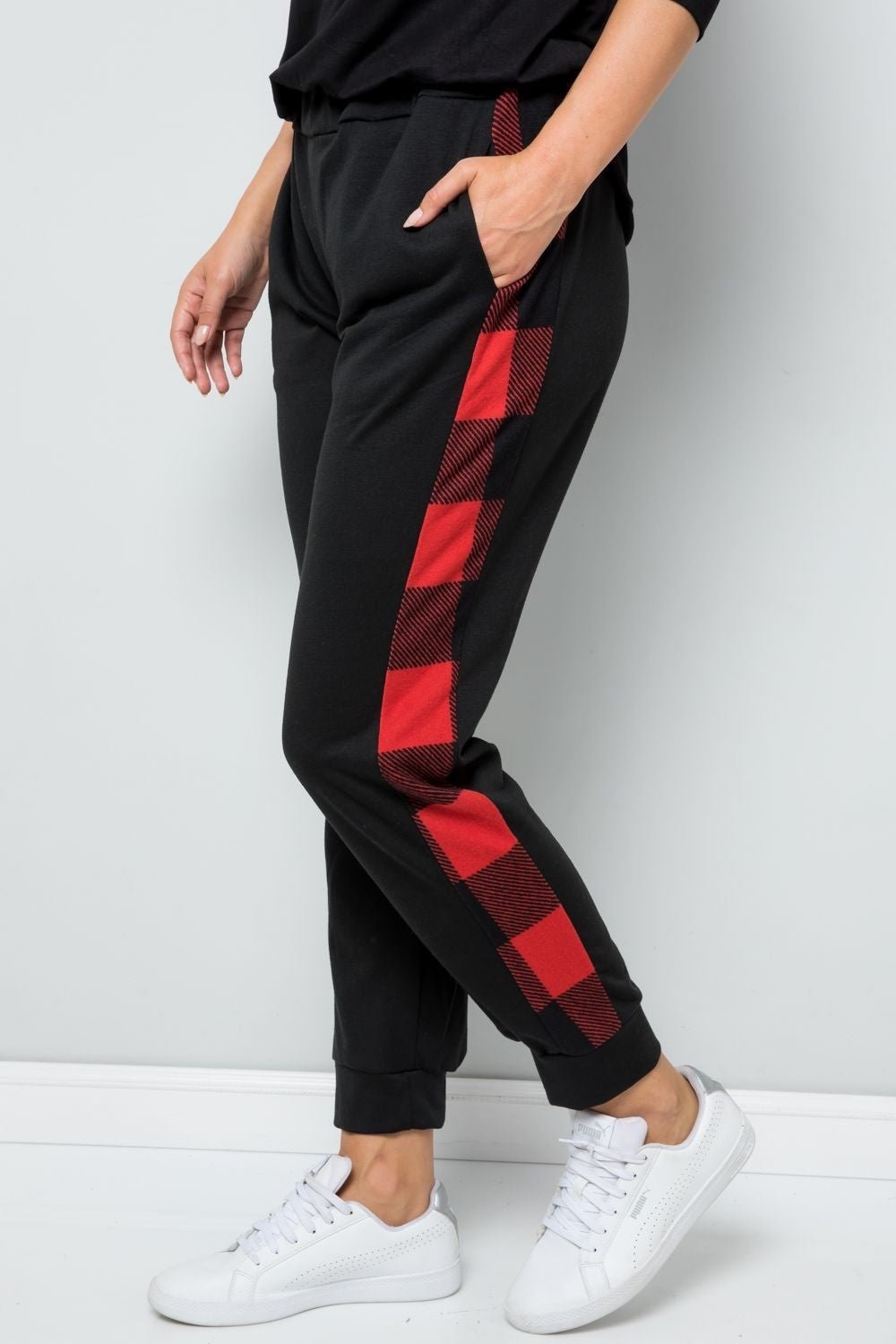 CELESTE - Plaid Stripe Elastic Waist Sweatpants in Red Black