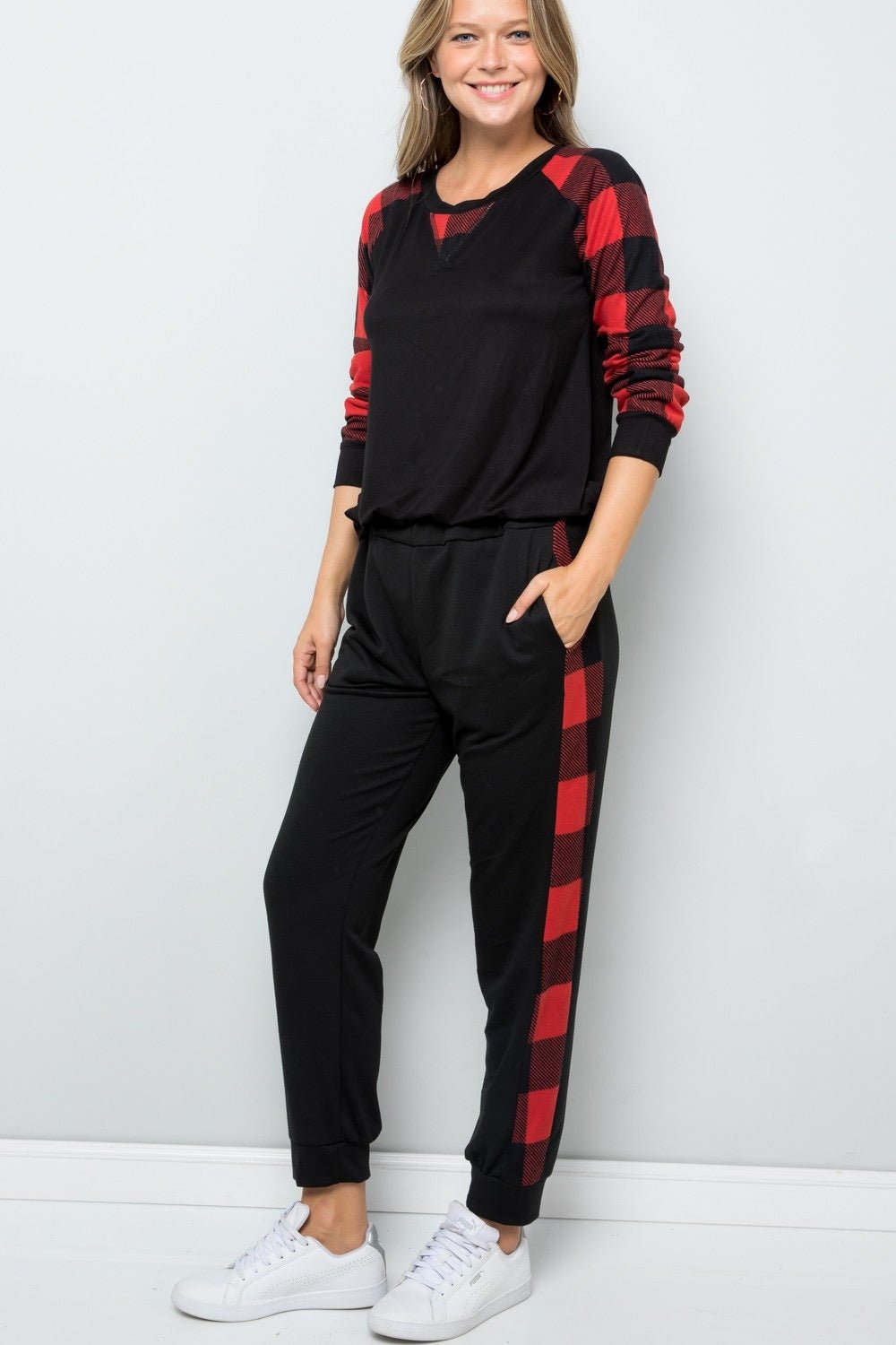 CELESTE - Plaid Stripe Elastic Waist Sweatpants in Red Black