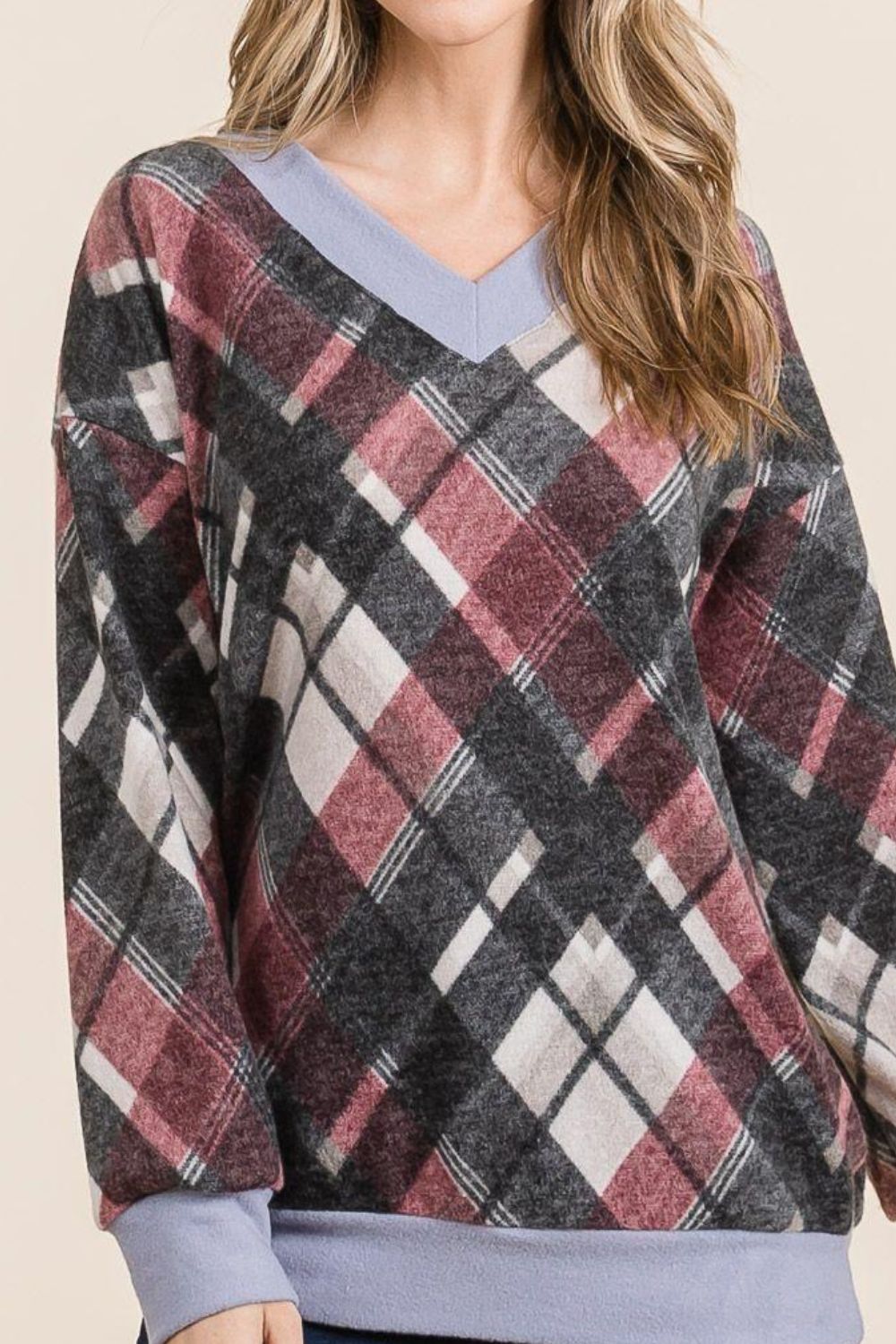 CELESTE - Plaid V - Neck Long Sleeve T-Shirt