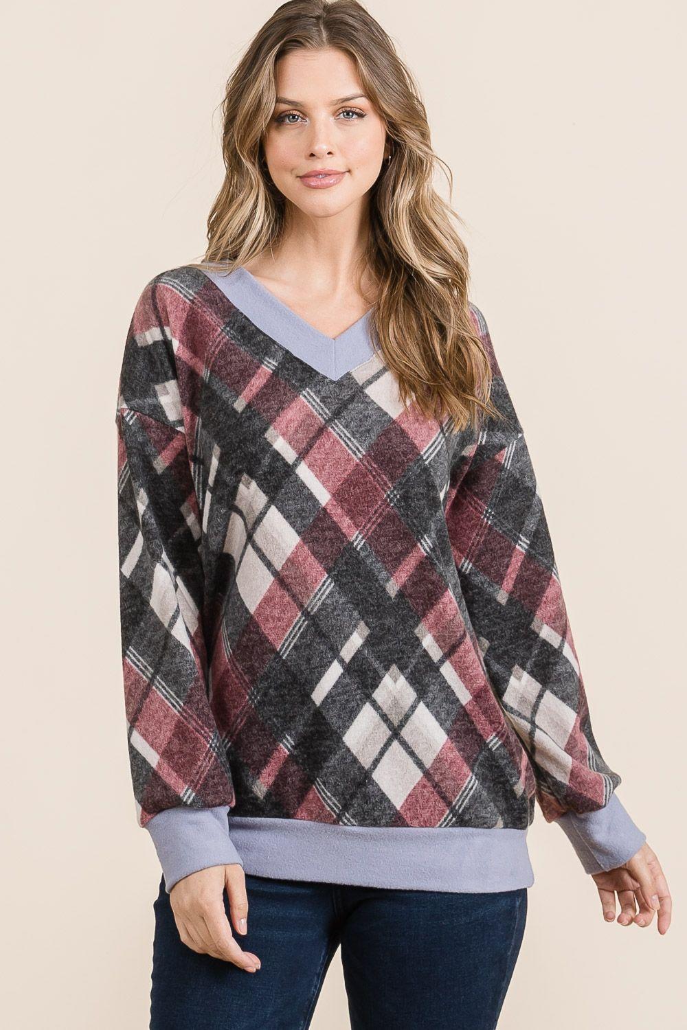 CELESTE - Plaid V - Neck Long Sleeve T-Shirt