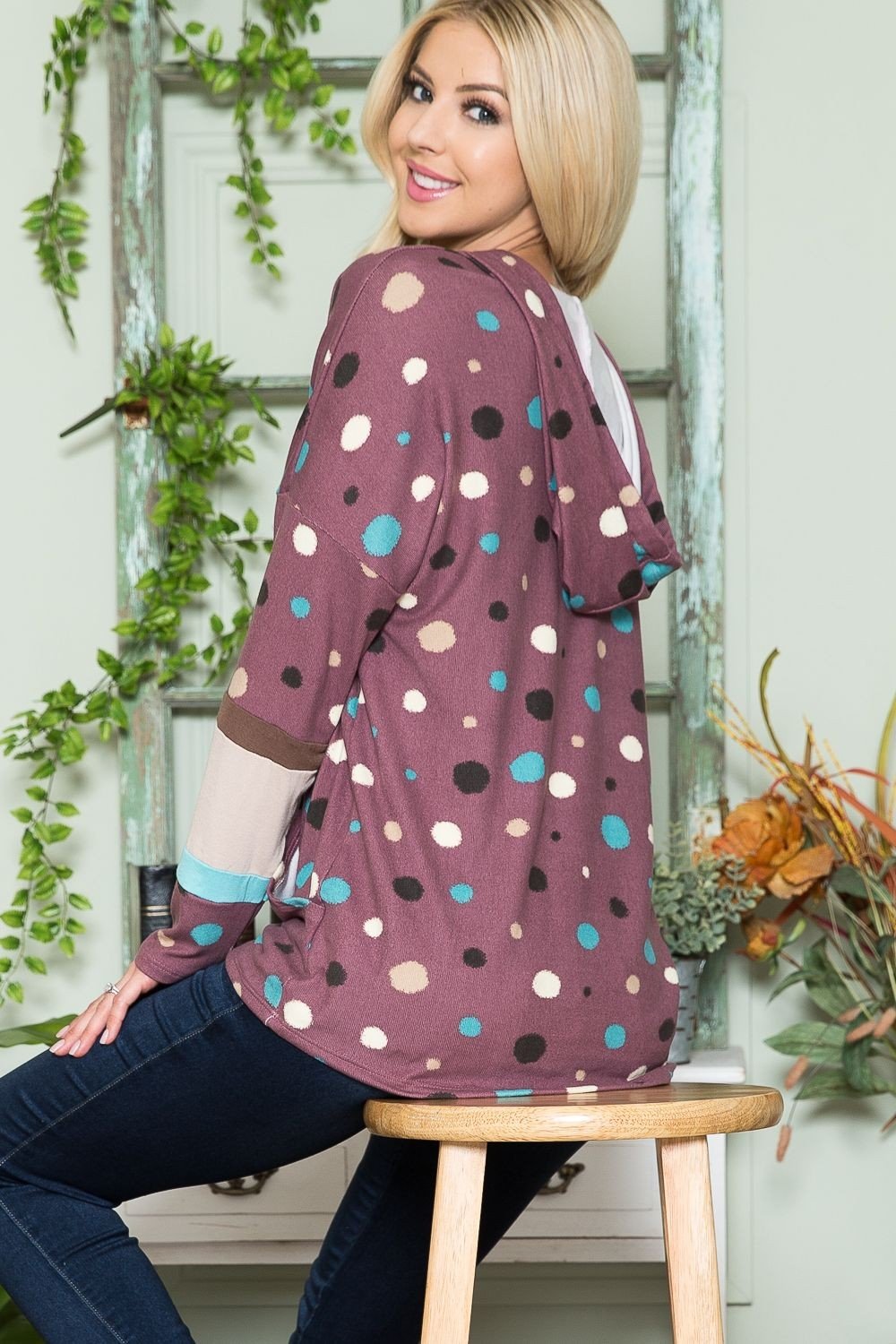 CELESTE - Plum Purple Polka Dot Hoodie with Pockets