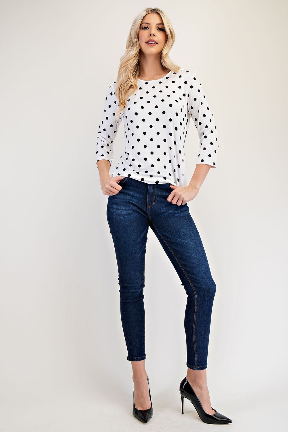 CELESTE - Polka Dot Three - Quarter Sleeve T-Shirt in Ivory