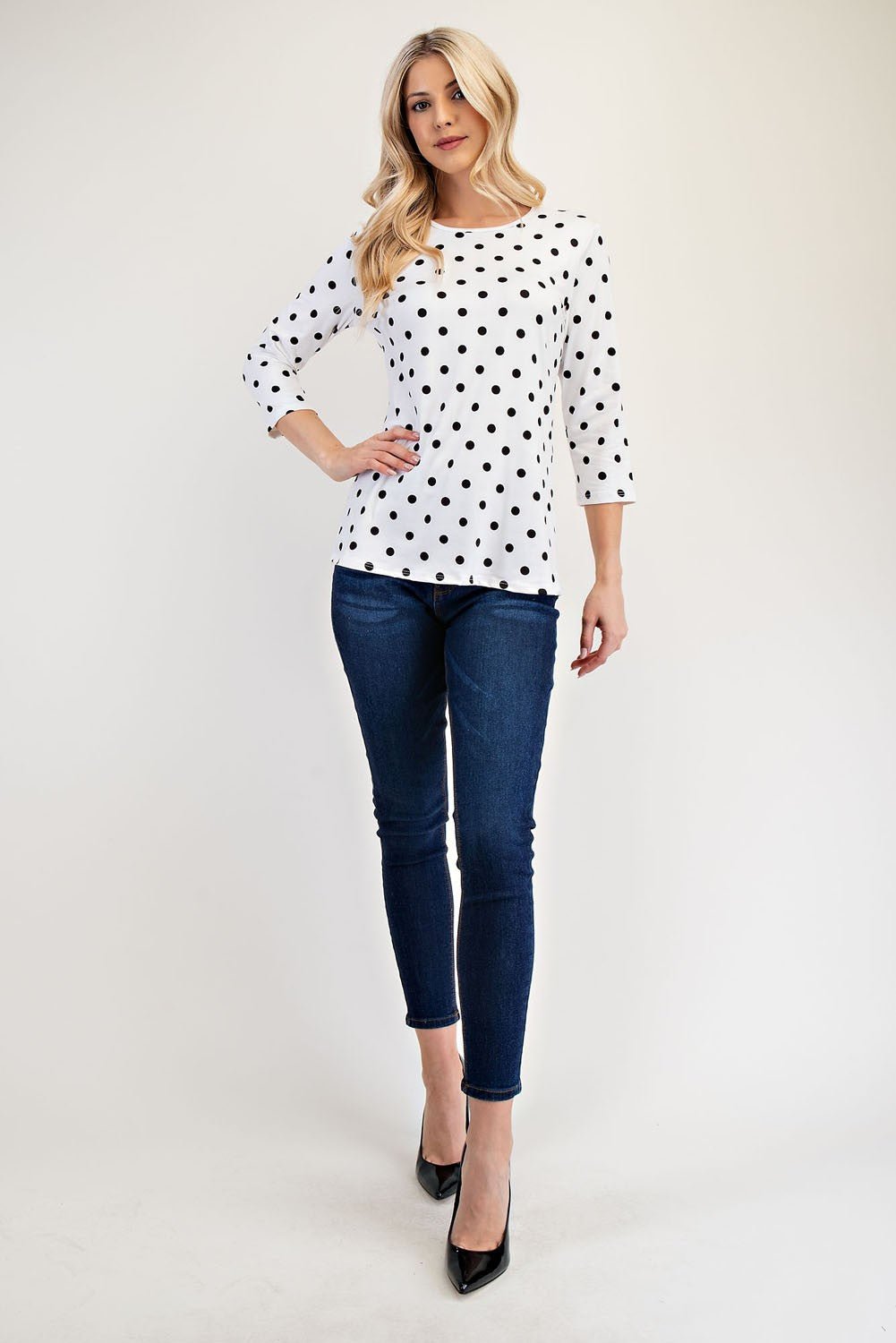 CELESTE - Polka Dot Three - Quarter Sleeve T-Shirt in Ivory