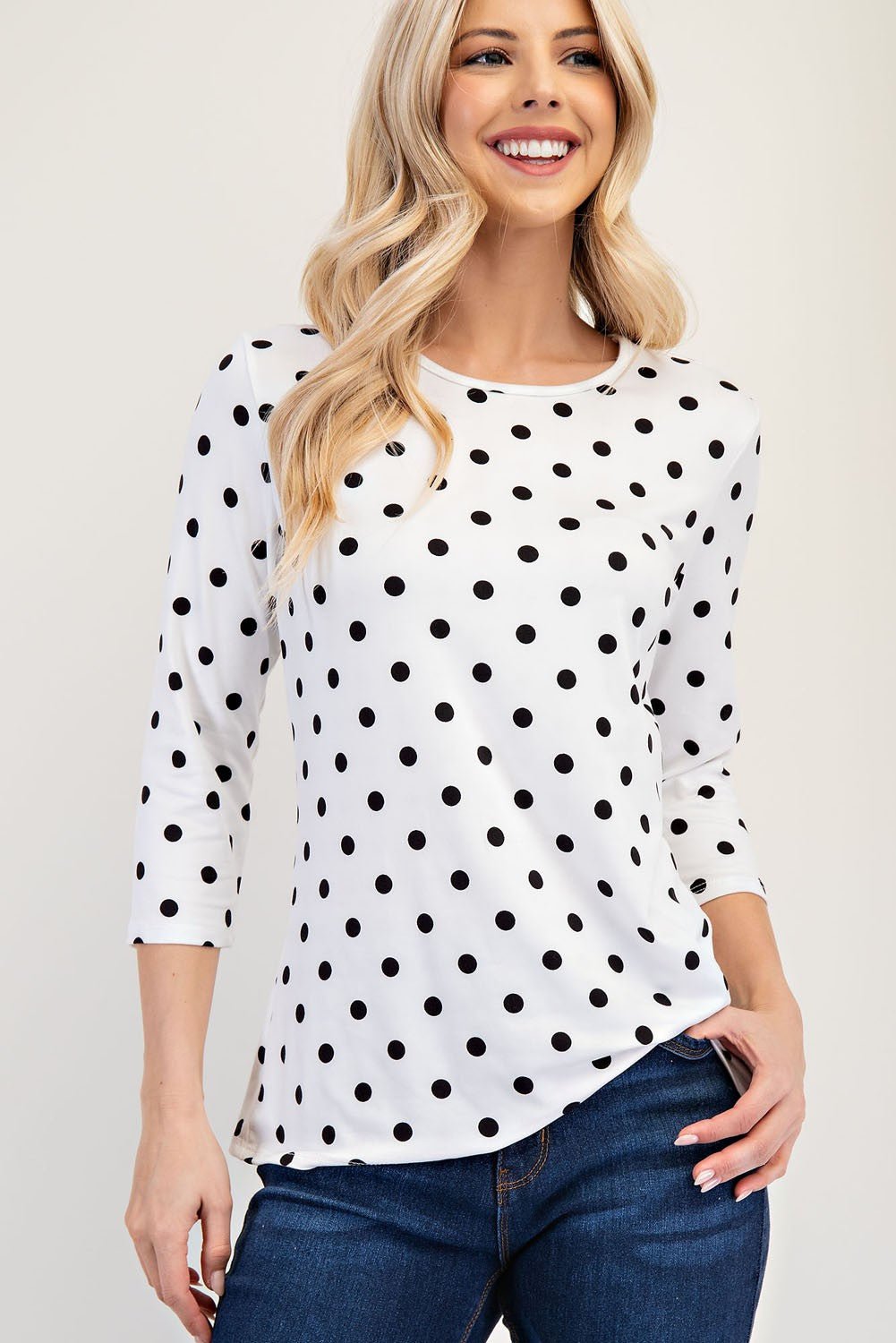 CELESTE - Polka Dot Three - Quarter Sleeve T-Shirt in Ivory