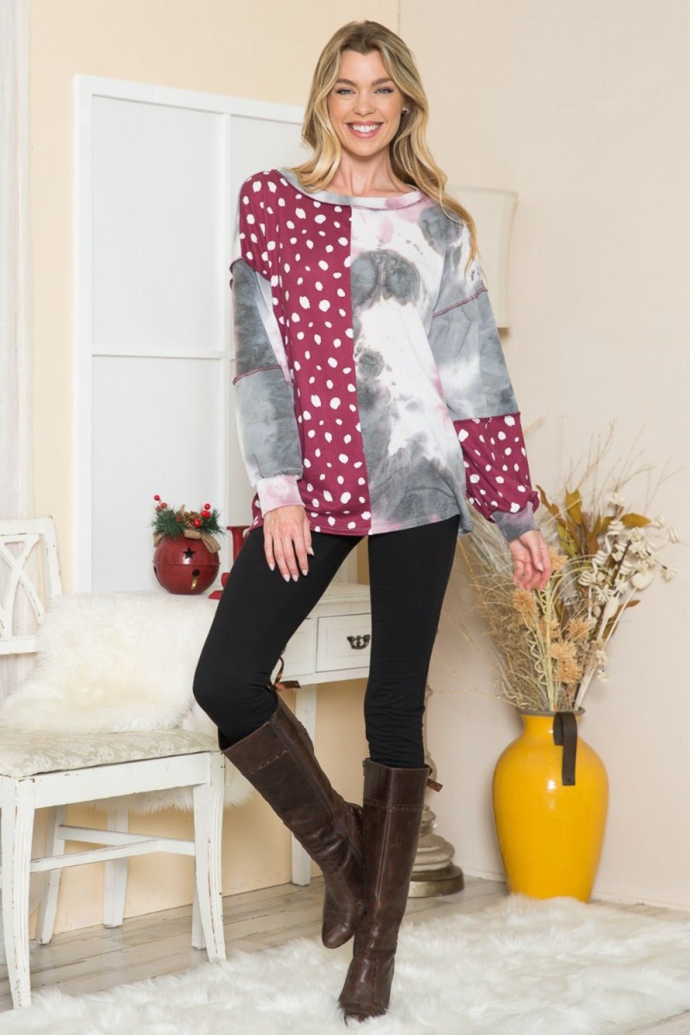 CELESTE - Polka Dot & Tie Dye Long Sleeve T-Shirt in Grey Burgundy