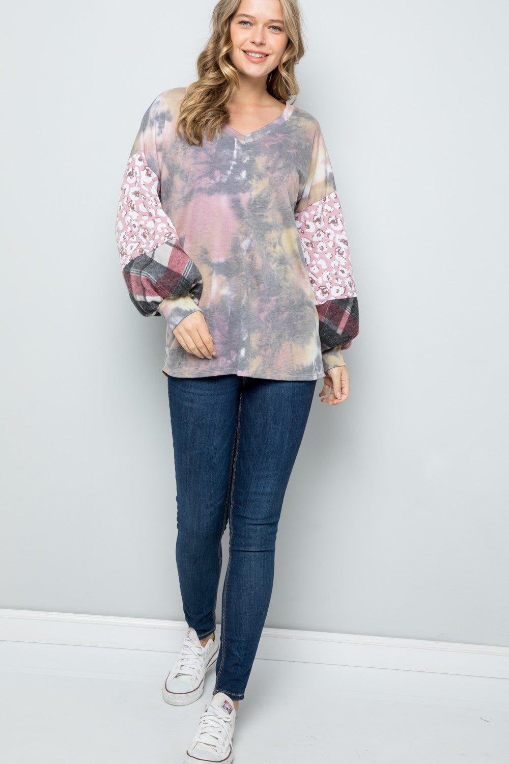 CELESTE - Purple Tie - Dye V - Neck Printed Sleeve Blouse