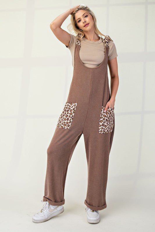 CELESTE - Rib Knit Leopard Detail Overalls in Taupe