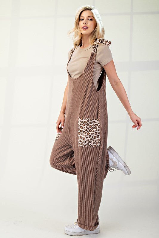 CELESTE - Rib Knit Leopard Detail Overalls in Taupe