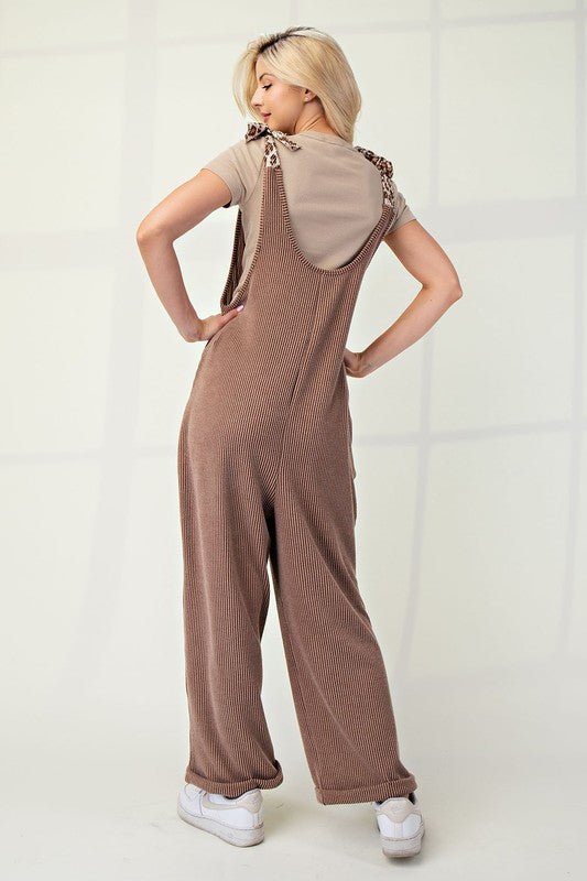 CELESTE - Rib Knit Leopard Detail Overalls in Taupe