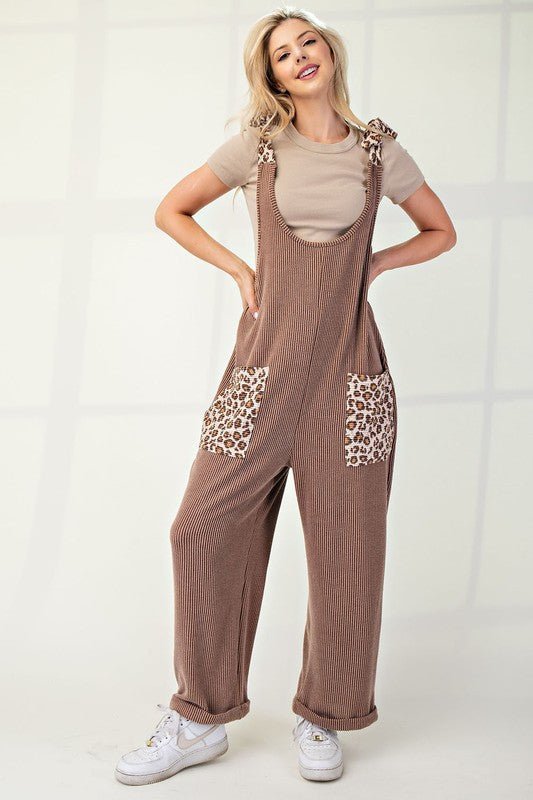 CELESTE - Rib Knit Leopard Detail Overalls in Taupe