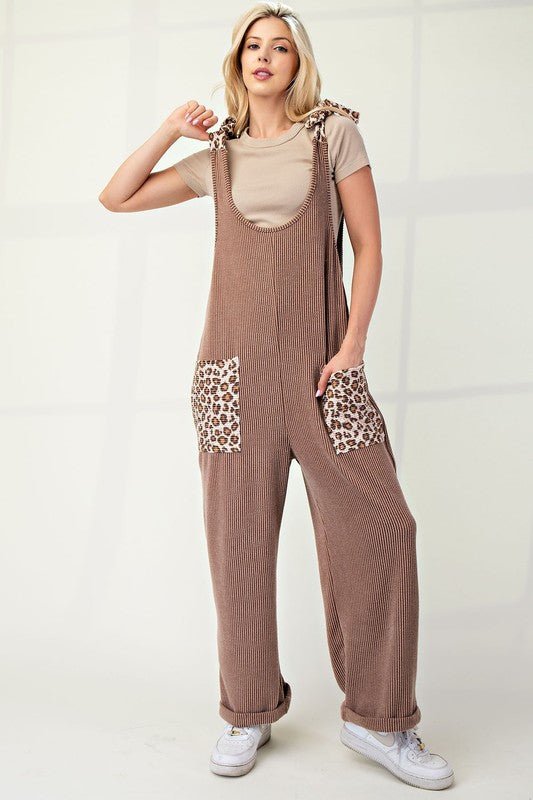 CELESTE - Rib Knit Leopard Detail Overalls in Taupe