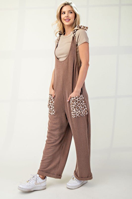 CELESTE - Rib Knit Leopard Detail Overalls in Taupe