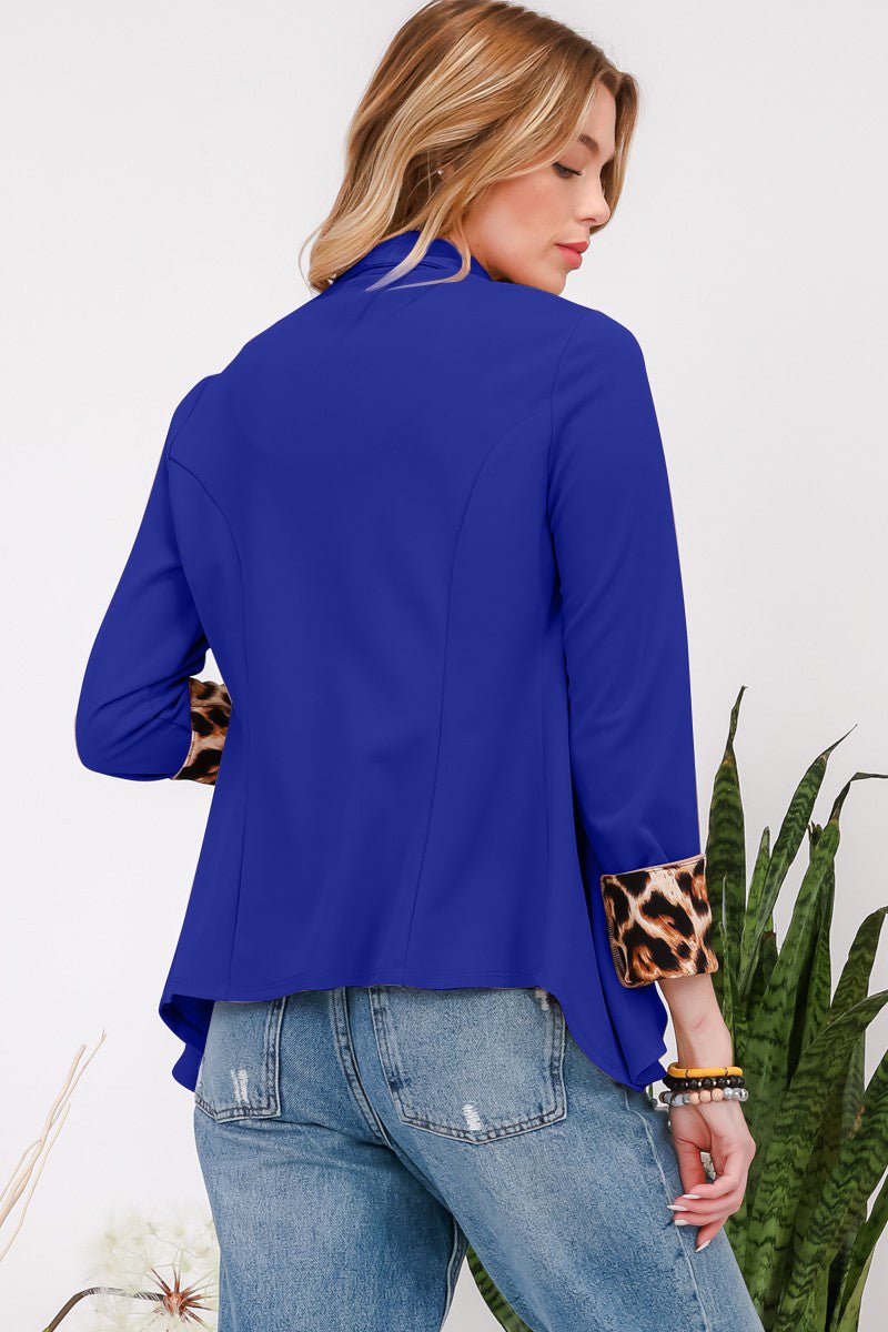 CELESTE - Royal Blue Leopard Cuff Open Front Blazer