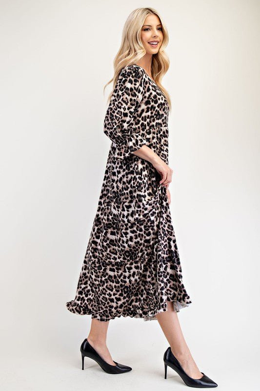 CELESTE - Ruffle Hem Brown Leopard Print Maxi Dress with Pockets