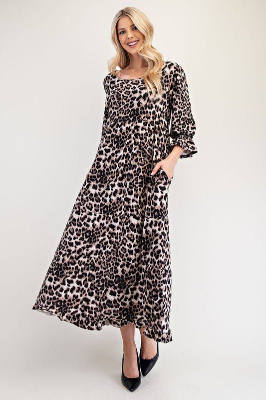 CELESTE - Ruffle Hem Brown Leopard Print Maxi Dress with Pockets