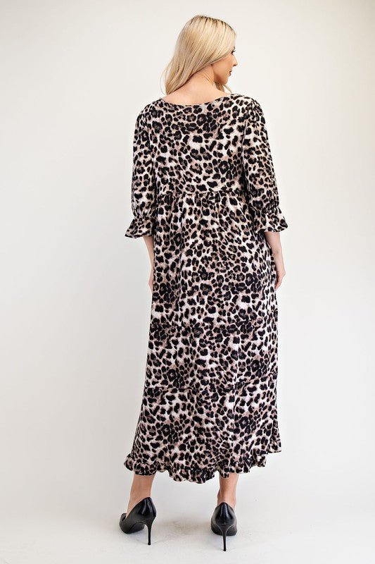 CELESTE - Ruffle Hem Brown Leopard Print Maxi Dress with Pockets