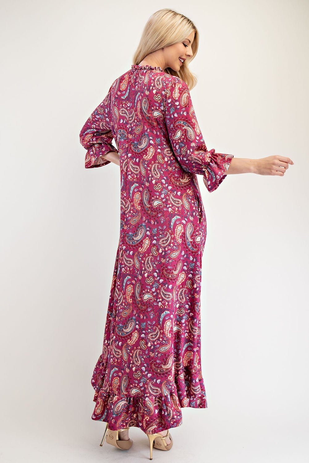 CELESTE - Ruffle Hem Paisley Maxi Dress with Pockets in Cerise