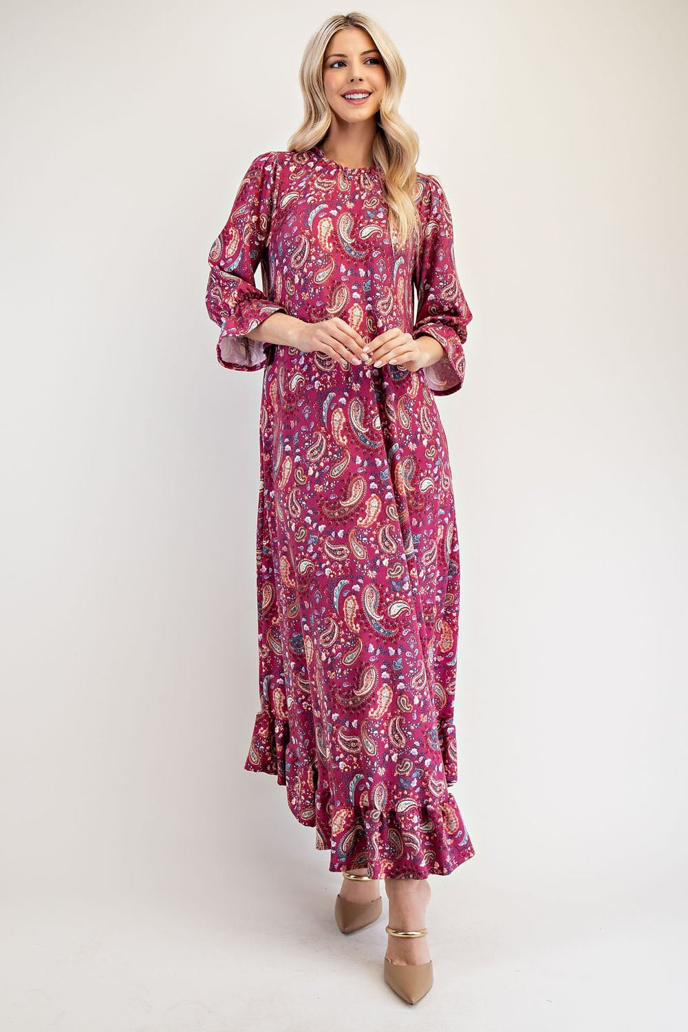 CELESTE - Ruffle Hem Paisley Maxi Dress with Pockets in Cerise