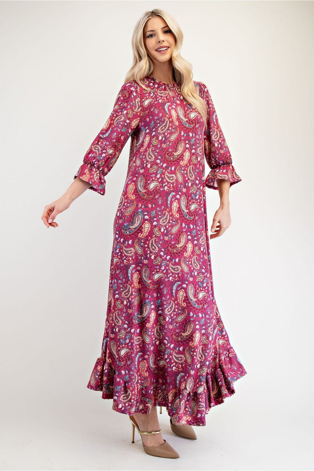 CELESTE - Ruffle Hem Paisley Maxi Dress with Pockets in Cerise