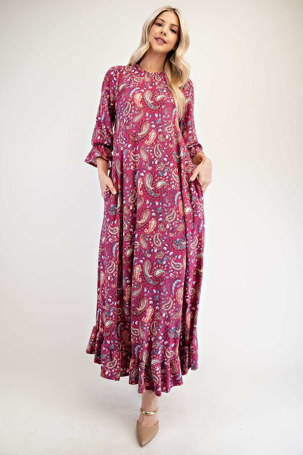 CELESTE - Ruffle Hem Paisley Maxi Dress with Pockets in Cerise