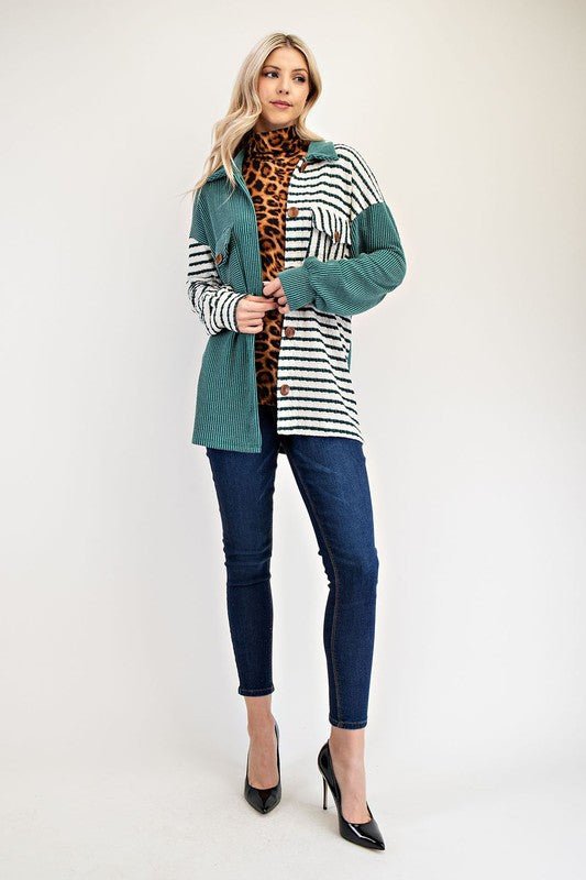 CELESTE - Striped Button Up Shacket in Turquoise