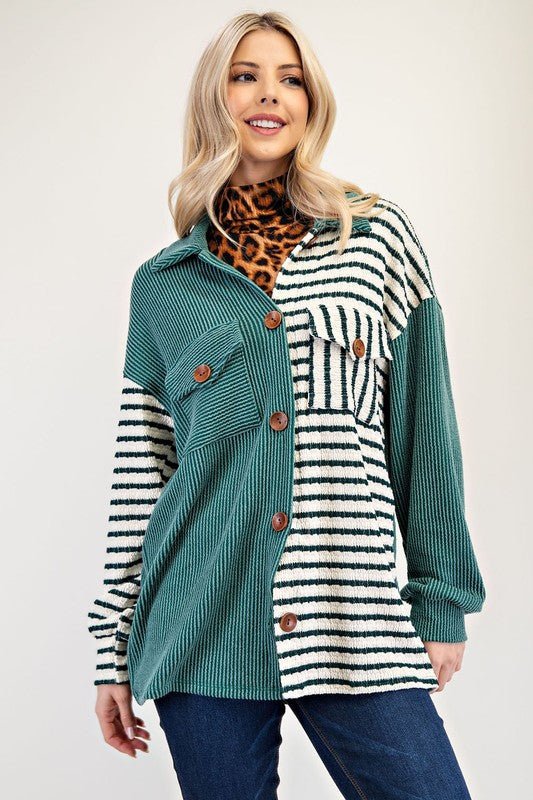 CELESTE - Striped Button Up Shacket in Turquoise