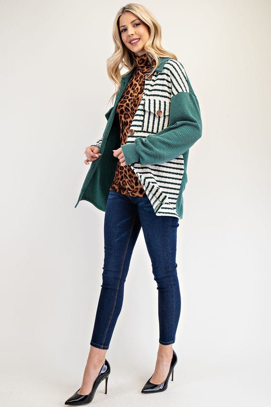 CELESTE - Striped Button Up Shacket in Turquoise