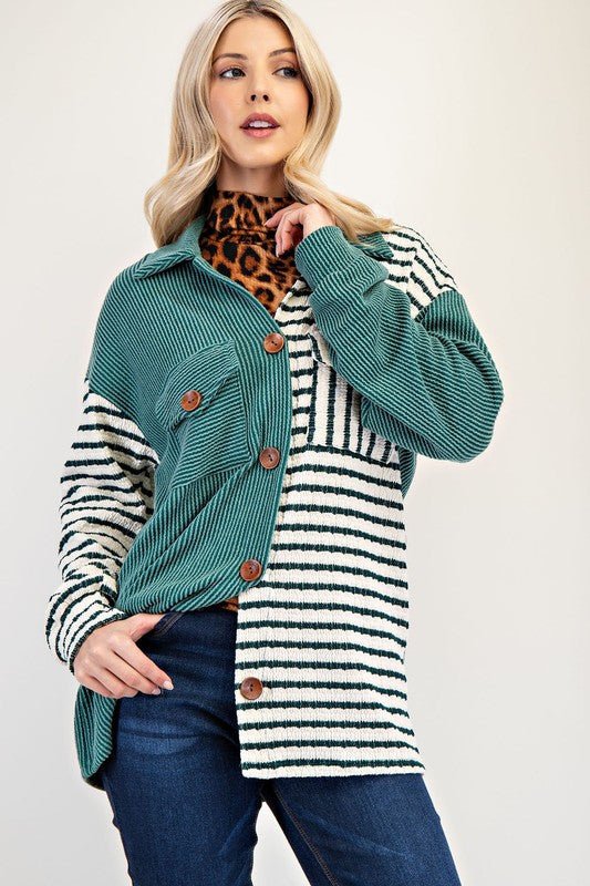 CELESTE - Striped Button Up Shacket in Turquoise