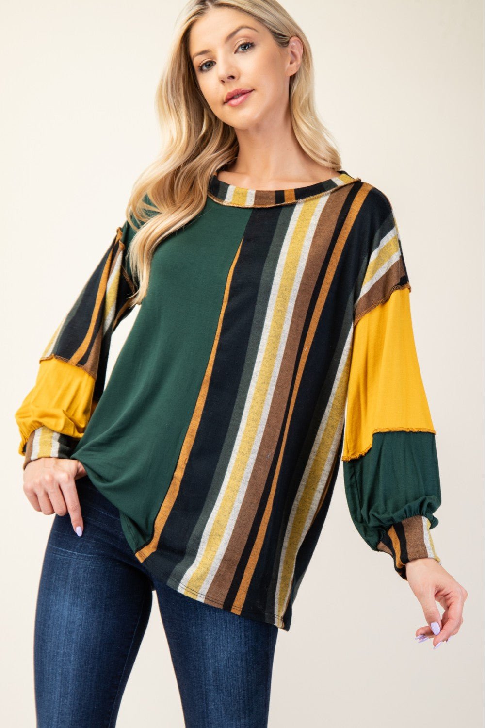 CELESTE - Striped Color Block Long Sleeve T-Shirt in Hunter Green