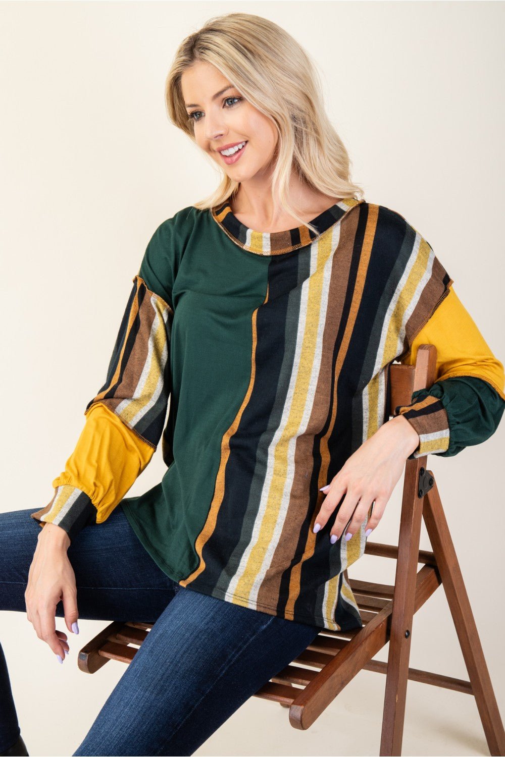 CELESTE - Striped Color Block Long Sleeve T-Shirt in Hunter Green