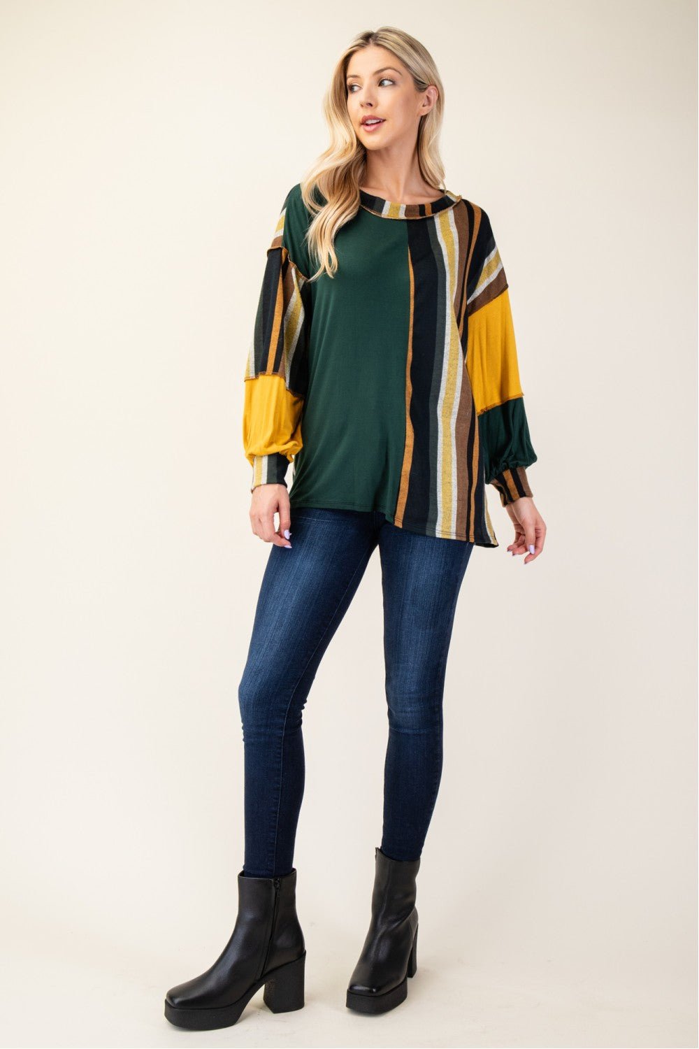 CELESTE - Striped Color Block Long Sleeve T-Shirt in Hunter Green