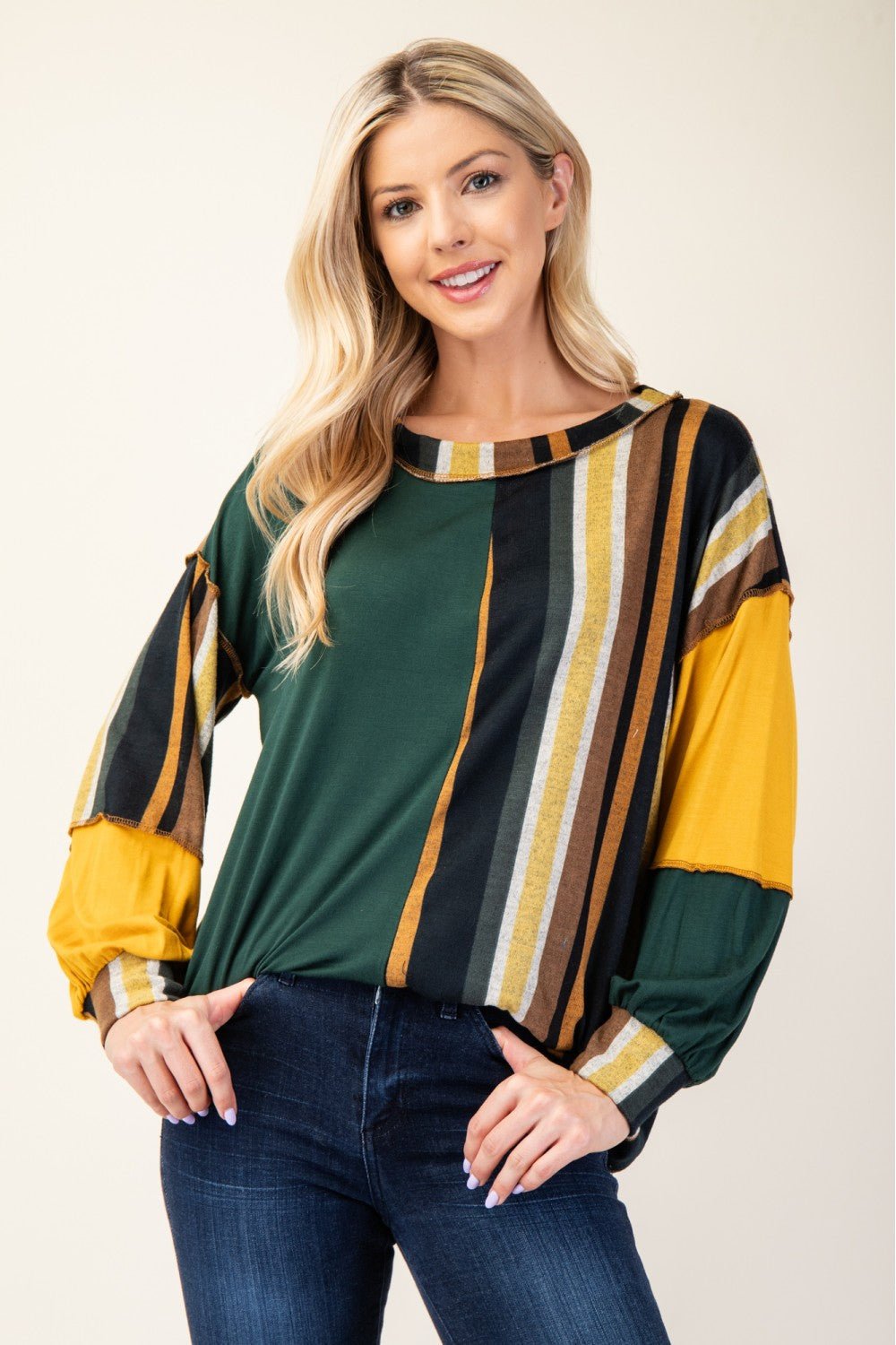 CELESTE - Striped Color Block Long Sleeve T-Shirt in Hunter Green