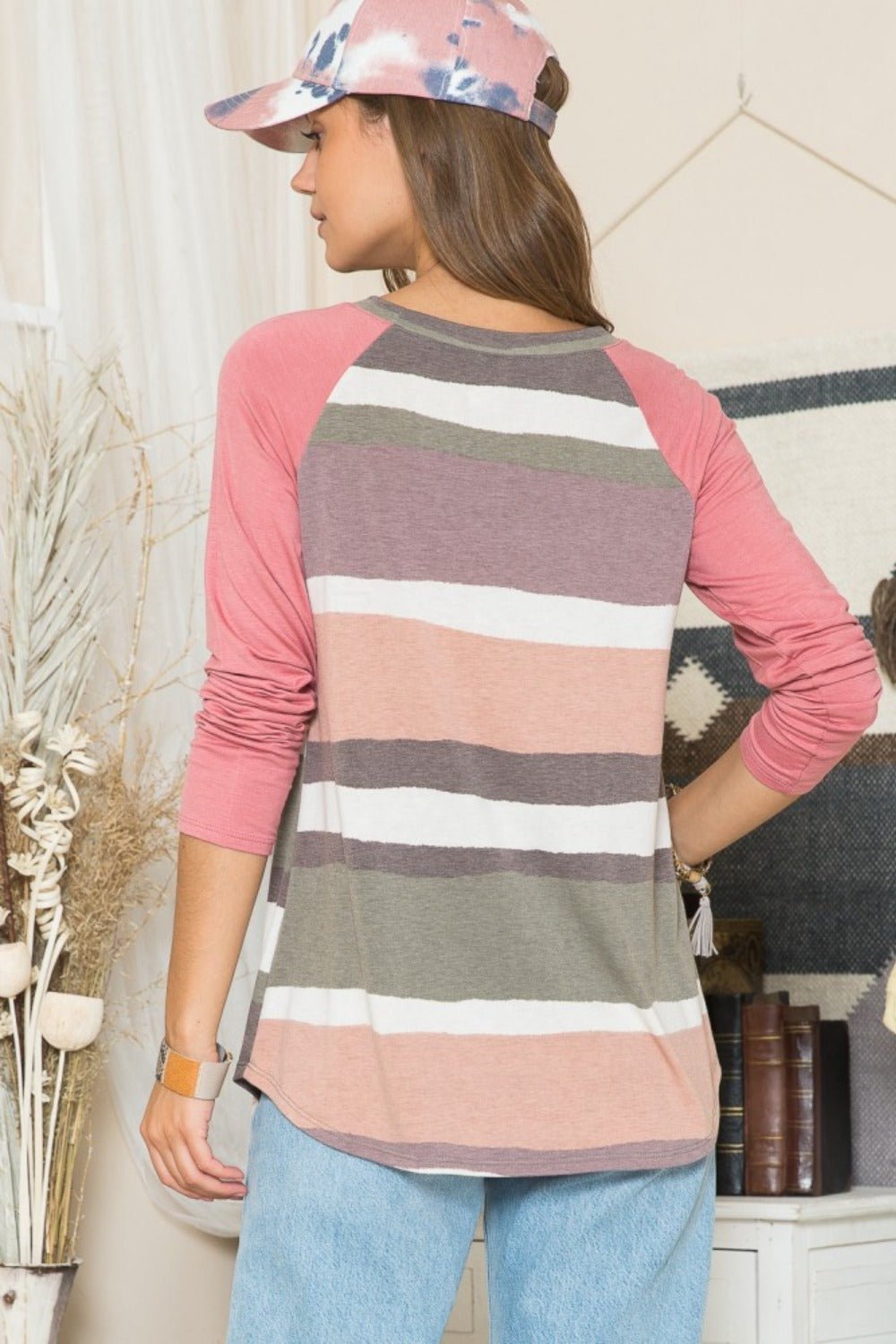 CELESTE - Striped Contrast Long Sleeve T-Shirt in Olive Mocha