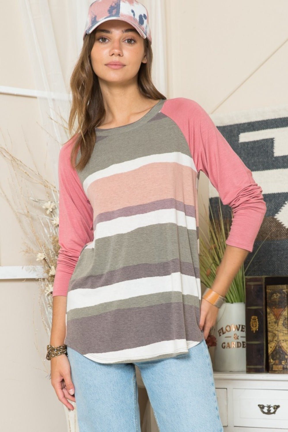 CELESTE - Striped Contrast Long Sleeve T-Shirt in Olive Mocha